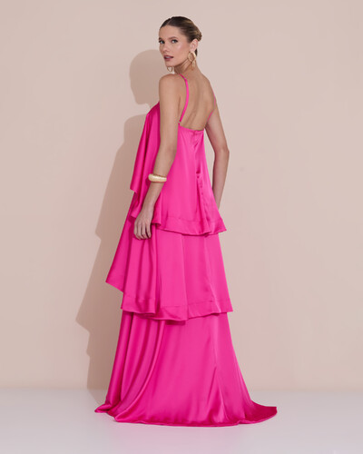 Foto Vestido de Festa Longo Decote Reto Alças Finas Cetim Camadas Pink