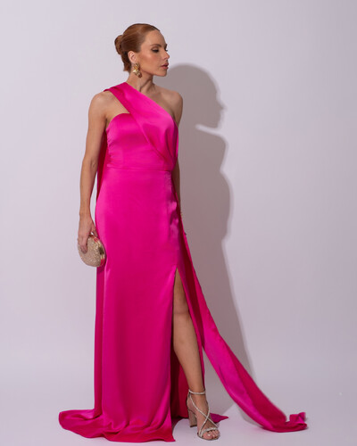 Foto Vestido de Festa Longo Cetim Alfaiataria Tomara que Caia com Faixa Lenço Pink