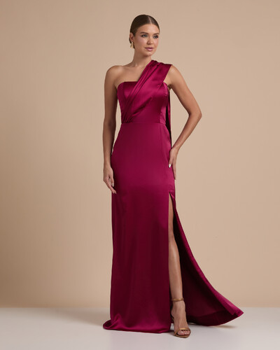 Foto Vestido de Festa Longo Cetim Alfaiataria Tomara que Caia com Faixa Lenço Beterraba