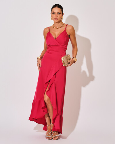 Foto Vestido Midi Babado Acetinado Pink Escuro