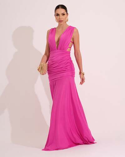 Foto Vestido Longo Jersey Decote V drapeado Pink