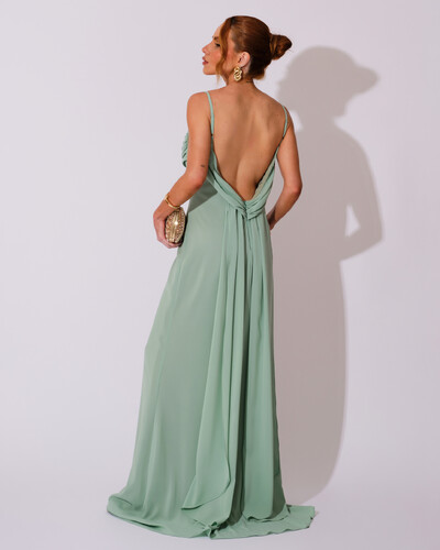 Foto Vestido de Festa Longo Crepe Chiffon Costas Lenço Cauda Verde Menta