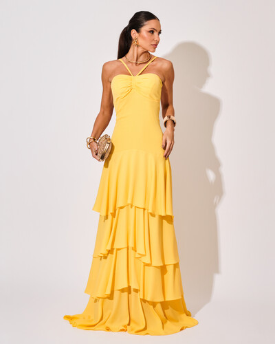 Foto Vestido Longo Crepe com Babado em Camadas Amarelo
