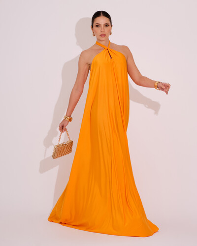 Foto Vestido Longo com Amarração em Malha Laranja Manga