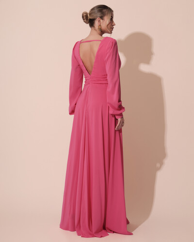 FotoVestido de Festa Manga Longa com Cintura Drapeada Decote V Pink New