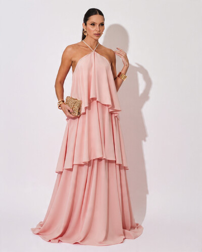 Foto Vestido Longo Crepe Chiffon Babado em Camadas Rosa