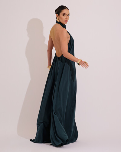 FotoVestido Longo Crepe Chiffon Frente Única Fluido Flor Removível Verde Escuro