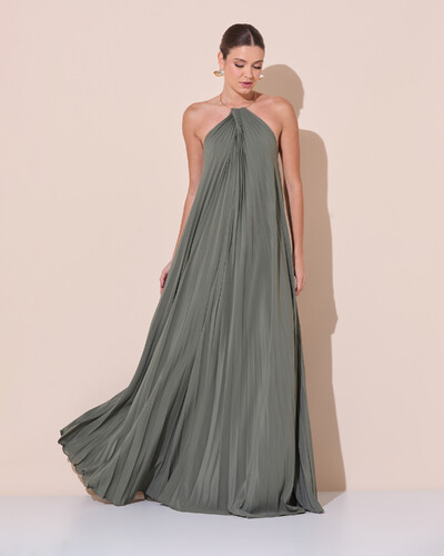 Foto Vestido de Festa Longo Frente Única Plissado Crepe Chiffon Argola Verde Oliva