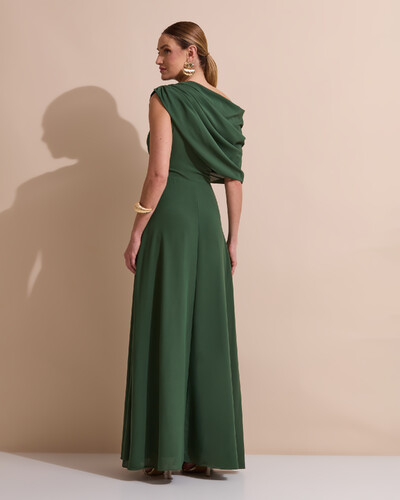 Foto Vestido de Festa Longo Um Ombro Só Crepe Chiffon Capa Drapeado Verde Militar