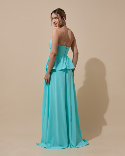 Foto Vestido de Festa Longo Crepe Chiffon Tomara que Caia Peplum Drapeado Tiffany
