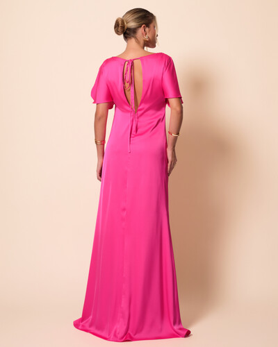 FotoVestido de Festa Longo Cetim Fluido Manga Curta Drapeado Pink New