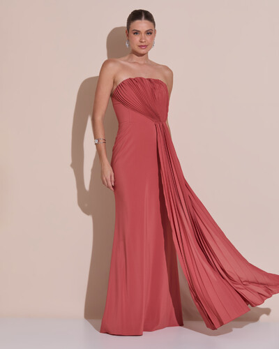 Foto Vestido de Festa Longo Tomara Que Caia Crepe Chiffon Plissado Lenço Terracota