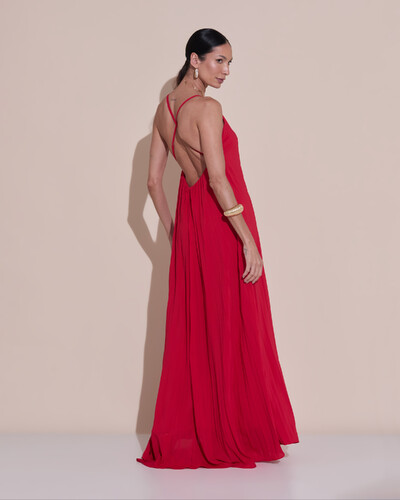Foto Vestido de Festa Longo Plissado Crepe Chiffon Decote V Alças Finas Vermelho