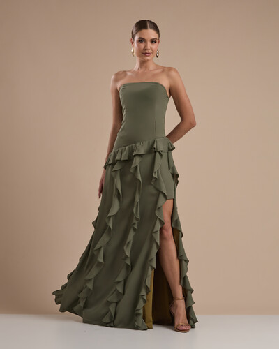 Foto Vestido de festa Longo Tomara que Caia Crepe Chiffon com Bababos Cascata e Fenda Verde Oliva