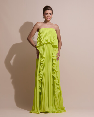Foto Vestido de Festa Longo Crepe Chiffon Tomara que Caia Plissado com Babado Cascata Verde Lima