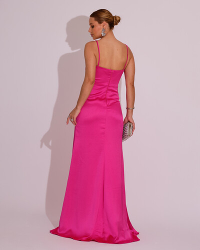 FotoVestido de Festa Longo Cetim Alfaiataria Fenda Drapeada Pink