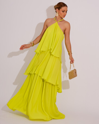 Foto Vestido Longo Babado em Camadas Verde Lima New