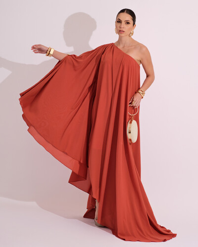 Foto Vestido de Festa um Ombro com Capa Crepe Fluido Terracota