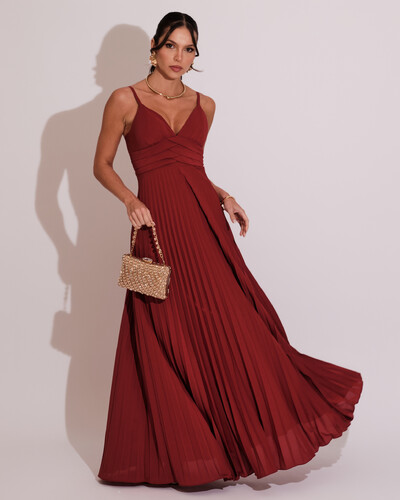 Foto Vestido de Festa Longo Plissado Crepe Chiffon com Alça Marsala