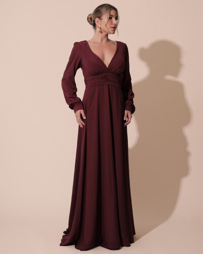 Foto Vestido de Festa Manga Longa com Cintura Drapeada Decote V Marsala