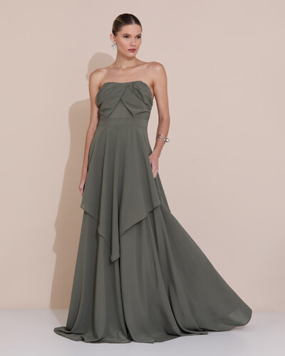 Foto Vestido de Festa Longo Tomara que Caia Crepe Chiffon Drapeado Camadas Verde Oliva