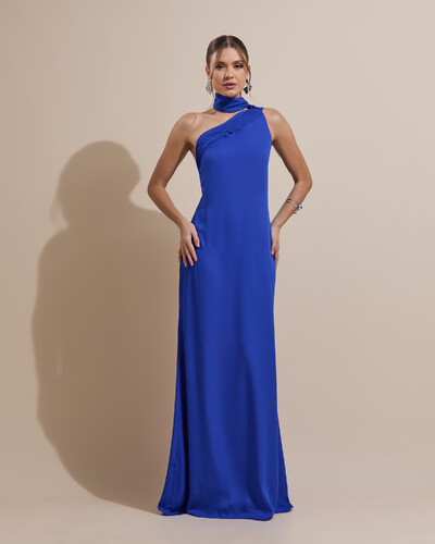 Foto Vestido de Festa Longo Crepe Chiffon Um Ombro Só Drapeado Azul Royal