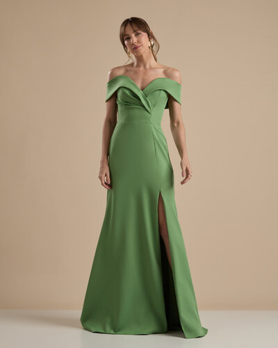 Foto Vestido de Festa Longo Alfaiataria Ombro a Ombro com Fenda Verde Matcha