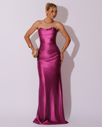 Foto Vestido de Festa longo Cetim Malha Metálico Tomara que Caia Detalhe Drapeado Fúcsia