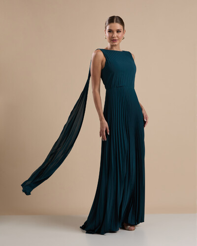 Foto Vestido de Festa Longo Crepe Chiffon Plissado com Lenço nas Alças Verde Escuro