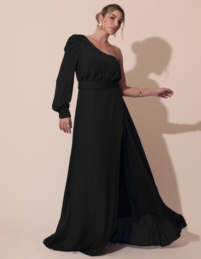 Foto Vestido de Festa Longo um Ombro Só Manga Longa com Cinto Preto