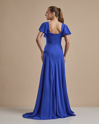 FotoVestido de Festa Longo Crepe Chiffon Manga Babado e Fenda Azul Royal