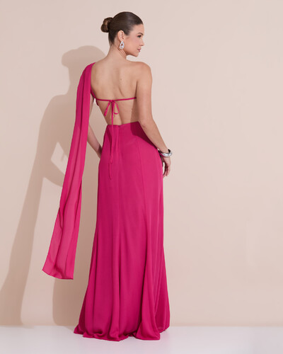 Foto Vestido de Festa Longo Um Ombro Só Crepe Chiffon Lenço Pink Escuro