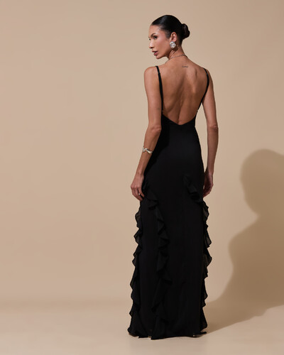 Foto Vestido de Festa Longo Alças Finas Crepe Chiffon Babado Cascata Fenda Costas V Preto