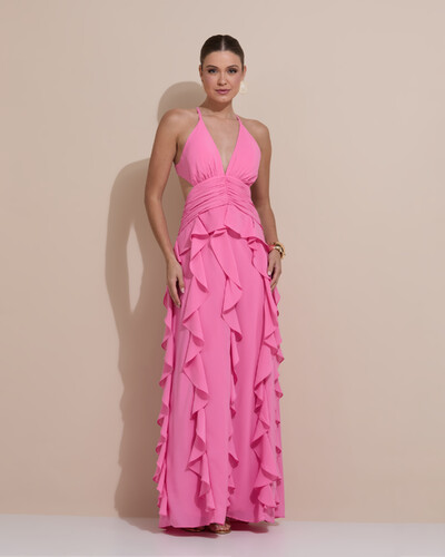 Foto Vestido de Festa Longo Decote V Recortes Drapeado Crepe Chiffon Babados Cascata Rosa