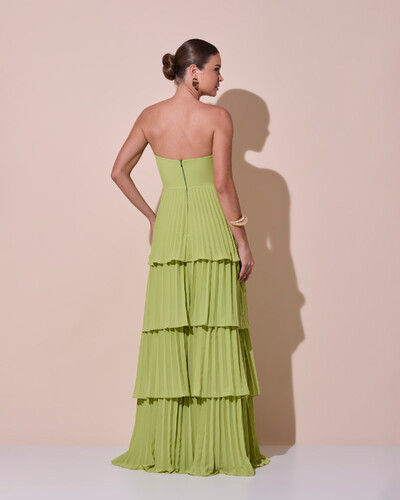 Foto Vestido de Festa Longo Tomara que Caia Crepe Chiffon Plissado Camadas Verde Claro