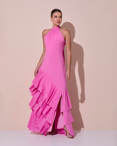 Foto Vestido de Festa Longo Chiffon Crepe Gola Alta Babados Rosa New