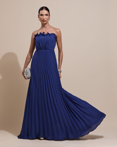 Foto Vestido de Festa Longo Tomara que Caia Plissado Detalhe Azul Marinho