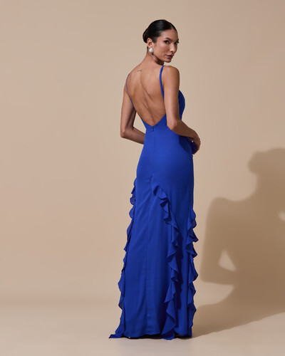 Foto Vestido de Festa Longo Alças Finas Crepe Chiffon Babado Cascata Fenda Costas V Azul Royal