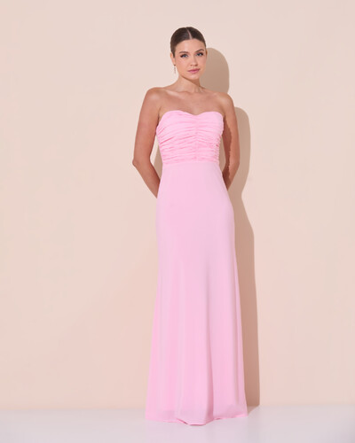 Foto Vestido de Festa Longo Ombro a Ombro Plissado Crepe Chiffon Capa Flor 3D Rosa Claro