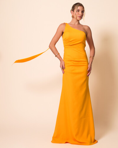 Foto Vestido de Festa Longo Alfaiataria Um Ombro Só Detalhe Drapeado Laranja Manga