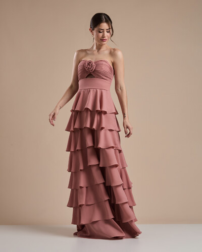 Foto Vestido Longo Crepe Chiffon Tomara que Caia Plissado em Camadas Rose