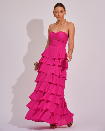 Foto Vestido Longo Crepe Chiffon Tomara que Caia Plissado em Camadas Pink