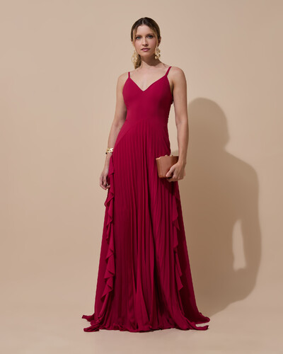 Foto Vestido de Festa Longo Crepe Chiffon Alça Fina Saia Plissada com Babado Cascata Cereja