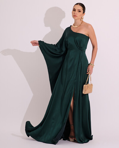 Foto Vestido Longo de Cetim Fluido uma Manga e Detalhe Torcido Verde Escuro