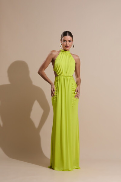 Foto Vestido de Festa Longo Malha Jersey Gola Alta Saia Sereia Verde Lima