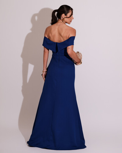 FotoVestido de Festa Longo Ombro a Ombro com Fenda em Alfaiataria Azul Royal