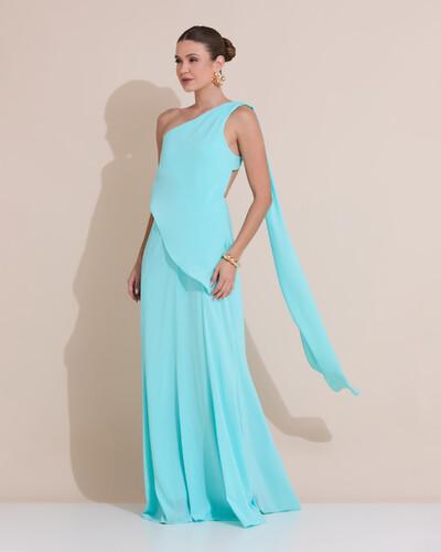 Foto Vestido de Festa Longo Um Ombro Só Crepe Chiffon Lenço Tiffany