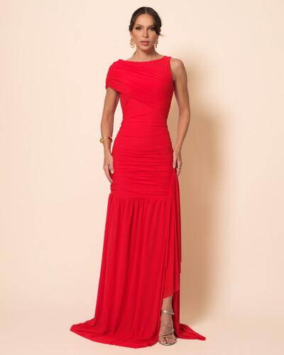 Foto Vestido de Festa Longo Tule Faixa Detalhe Drapeado Vermelho