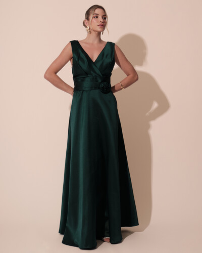 Foto Vestido de Festa Longo Plus Size Zibeline Faixa e Flor Verde Escuro