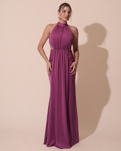 Foto Vestido de Festa Longo Malha Jersey Gola Alta Saia Sereia Fúcsia